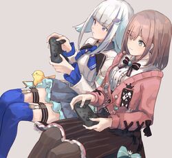  2girls absurdres aqua_eyes bad_id bad_twitter_id bird black_skirt blue_bow blue_hair blue_skirt blunt_bangs bow breasts colored_skin controller feather_hair_ornament feathers game_controller hair_ornament highres holding holding_controller holding_game_controller lize_helesta lize_helesta_(1st_costume) medium_breasts monocle multicolored_hair multiple_girls nijisanji nintendo_switch_pro_controller pantyhose pink_sweater purple_eyes sebastian_piyodore shosei_(shoseikanashimi) sitting skirt smile streaked_hair suzuhara_lulu sweater thigh_strap thighhighs v-shaped_eyebrows virtual_youtuber white_hair 