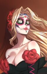  black_dress black_sleeves blonde_hair breasts brown_background calavera chin_piercing cleavage detached_sleeves dia_de_muertos dress english_commentary eyelashes facepaint fate/grand_order fate_(series) female flower green_eyes hair_flower hair_ornament highres large_breasts long_hair looking_at_viewer mexican_dress mexico quetzalcoatl_(fate) red_flower red_rose rose solo upper_body zantyarz 