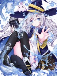  absurdres animal bad_id bad_pixiv_id black_thighhighs blue_eyes blurry blurry_foreground book bow bowtie closed_mouth female fingernails frills full_body hands_up hat high_collar highres holding holding_book jacket knees_up long_hair long_sleeves looking_at_viewer open_book open_hand original pension_z pink_hair purple_jacket rabbit sidelocks solo sweater thighhighs thighs water wide_sleeves witch witch_hat 