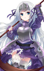  armor armored_dress blue_eyes breastplate commentary_request dress eucliwood_hellscythe faulds female fingerless_gloves floating_hair gloves grey_hair hair_between_eyes hair_ribbon headgear highres holding holding_scythe kore_wa_zombie_desu_ka? long_hair looking_at_viewer parted_lips poppu purple_dress purple_gloves purple_ribbon ribbon scythe short_dress simple_background solo striped_clothes striped_dress striped_gloves thighhighs vertical-striped_clothes vertical-striped_dress vertical-striped_gloves very_long_hair white_background white_thighhighs 