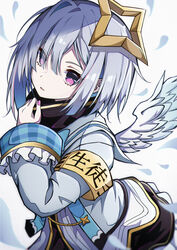  absurdres amane_kanata amane_kanata_(1st_costume) angel angel_wings armband asymmetrical_bangs bad_id bad_pixiv_id blue_hair blunt_bangs blurry blurry_foreground bob_cut colored_inner_hair dress feathered_wings feathers female frills from_side grey_hair hair_between_eyes hair_over_one_eye halo hand_up high_collar highres hololive jacket long_sleeves medium_hair multicolored_hair parted_lips pension_z purple_eyes sailor_collar short_dress sidelocks single_hair_intake solo star_halo upper_body virtual_youtuber white_background wide_sleeves wings wrist_cuffs 