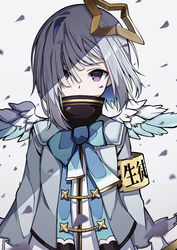  absurdres amane_kanata amane_kanata_(1st_costume) angel angel_wings armband asymmetrical_bangs bad_id bad_pixiv_id blue_hair bob_cut bow bowtie colored_inner_hair covered_mouth feathered_wings female frills grey_hair grey_jacket hair_between_eyes hair_over_one_eye halo high_collar highres hololive jacket long_sleeves looking_at_viewer medium_hair multicolored_hair pension_z petals purple_eyes sailor_collar sidelocks single_hair_intake solo standing star_halo upper_body virtual_youtuber white_background wings 