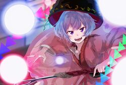  bowl bowl_hat danmaku dress female hat holding holding_needle in_bowl in_container japanese_clothes kimono mallet matsukuzu mini_person minigirl miracle_mallet needle needle_sword obi open_mouth purple_eyes purple_hair red_kimono sash short_hair smile solo sukuna_shinmyoumaru touhou 