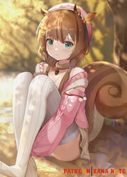  animal_ears ayunda_risu ayunda_risu_(1st_costume) beret blurry blurry_background blush breasts brown_hair brown_skirt cleavage closed_mouth commentary_request depth_of_field female green_eyes hat hololive hololive_indonesia jacket knees_up md5_mismatch medium_breasts mujinbensin no_shoes off_shoulder on_ground open_clothes open_jacket panties pink_hat pink_jacket resolution_mismatch ribbed_legwear sitting skirt solo source_smaller squirrel_ears squirrel_girl squirrel_tail tail thighhighs underwear virtual_youtuber white_panties white_thighhighs 