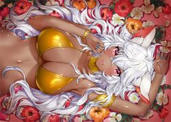  bikini_top blush breasts catgirl dark_skin flowers long_hair navel oerba_yun_fang ogino_atsuki original red_eyes waifu2x white_hair wristwear 