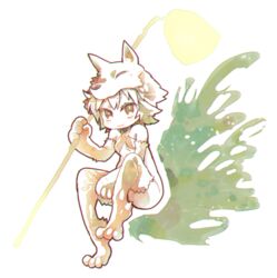  ametori animal_feet animal_hands bad_id bad_twitter_id bell blonde_hair bottomless closed_mouth commentary female fox_hat full_body halterneck holding holding_staff looking_at_viewer moonlight_flower ragnarok_online short_hair smile solo staff 