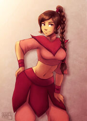  artist_name avatar:_the_last_airbender avatar_(series) braid braided_ponytail breasts brown_eyes brown_hair commentary commission cowboy_shot female hand_on_hip iahfy leaning_forward long_hair medium_breasts midriff navel shadow short_sleeves smile solo ty_lee 