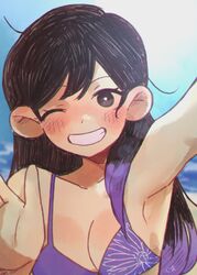  absurdres armpits beach bikini black_eyes black_hair blush colored_skin commentary commission english_commentary female highres kokomi_(aniesuakkaman) mari_(faraway)_(omori) mari_(omori) omocat_(style) omori one_eye_closed purple_bikini selfie smile solo swimsuit waving 