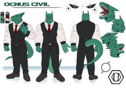  anthro black_sclera bodily_fluids bulge civil claws clothing dragon dress_pants dress_shirt dress_shoes electrical_plug facial_expressions horn lizard male markings model_sheet mythological_creature mythological_scalie mythology necktie ocnus orange_eyes pointed_tail reptile saliva samaraka scalie scar shirt solo tail teeth tongue topwear vest villian 