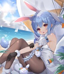  :o absurdres aircraft airplane animal_ear_fluff animal_ears beach beach_umbrella black_gloves black_leotard black_pantyhose blue_hair blush boat braid breasts bridal_garter carrot carrot_hair_ornament carrot_in_pocket cloud coat_dress commentary contrail detached_sleeves don-chan_(usada_pekora) dress extra_ears female food-themed_hair_ornament fur-trimmed_gloves fur_scarf fur_trim gloves hair_between_eyes hair_ornament highres hikimayu hololive horizon knees_up leotard leotard_under_clothes light_rays long_hair looking_at_viewer multicolored_hair nekopurin_(nyanko_prin) ocean on_ground open_mouth orange_eyes outdoors pantyhose pekomon_(usada_pekora) playboy_bunny puffy_detached_sleeves puffy_sleeves rabbit-shaped_pupils rabbit_ears rabbit_girl sailboat scarf short_eyebrows short_sleeves sitting sky small_breasts solo sparkle strapless strapless_dress strapless_leotard sun symbol-shaped_pupils thick_eyebrows twin_braids two-tone_hair umbrella usada_pekora usada_pekora_(1st_costume) virtual_youtuber watercraft white_footwear white_hair white_scarf white_sleeves 