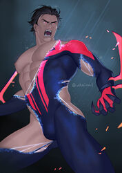  1boy abs artist_name ass_visible_through_thighs bara bare_pectorals battle battle_damage black_hair blue_bodysuit bodysuit bulge chest_hair claw_pose claws commentary cowboy_shot dark_background facing_viewer fangs fighting_stance groin highres large_pectorals legs_apart male_focus marvel miguel_o&#039;hara muscular muscular_male night nipples open_mouth outdoors pectorals rain red_eyes sanpaku shiny_clothes short_hair signature skin_tight solo sparse_chest_hair spider-man_(2099) spider-man_(series) spider-verse standing superhero_costume teeth torn_bodysuit torn_clothes twitter_username two-tone_bodysuit uhai variant_set 