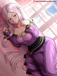  absurdres artist_name dress female fire_emblem fire_emblem:_the_binding_blade green_eyes heterochromia highres idunn_(fire_emblem) long_hair long_sleeves lying on_side parted_lips patreon_logo patreon_username photoshop_(medium) pointy_ears purple_hair red_eyes solo vilde_loh_hocen watermark web_address window 