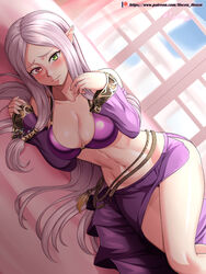  absurdres artist_name bra breasts cleavage closed_mouth female fire_emblem fire_emblem:_the_binding_blade green_eyes heterochromia highres idunn_(fire_emblem) long_hair long_sleeves lying midriff navel on_side patreon_logo patreon_username photoshop_(medium) pointy_ears purple_bra purple_hair red_eyes solo underwear vilde_loh_hocen watermark web_address window 