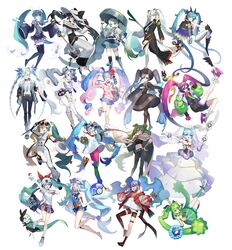  6+girls absurdres bare_legs black_hair blue_hair bug_miku_(project_voltage) cloak commentary_request dark_miku_(project_voltage) double_bun dragon_miku_(project_voltage) electric_miku_(project_voltage) everyone fairy_miku_(project_voltage) fighting_miku_(project_voltage) fire_miku_(project_voltage) flying_miku_(project_voltage) full_body ghost_miku_(project_voltage) gradient_hair grass_miku_(project_voltage) green_hair grey_hair ground_miku_(project_voltage) hair_bun hatsune_miku highres ice_hair ice_miku_(project_voltage) korean_commentary liquid_hair looking_at_viewer meloetta meloetta_(aria) mongguri multicolored_hair multiple_girls normal_miku_(project_voltage) pink_hair poison_miku_(project_voltage) poke_ball poke_ball_(basic) pokemon project_voltage psychic_miku_(project_voltage) purple_hair rock_miku_(project_voltage) sandogasa smile spiked_hair steel_miku_(project_voltage) twintails two-tone_hair vocaloid water_miku_(project_voltage) 