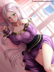  absurdres artist_name closed_mouth dress female fire_emblem fire_emblem:_the_binding_blade green_eyes heterochromia highres idunn_(fire_emblem) long_hair long_sleeves lying on_side panties pantyshot patreon_logo patreon_username photoshop_(medium) pointy_ears purple_hair purple_panties red_eyes solo underwear vilde_loh_hocen watermark web_address window 