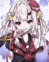  absurdres bad_id bad_pixiv_id bare_shoulders bell covered_mouth detached_sleeves female flower_knot frills hand_up highres hitodama hololive horns japanese_clothes kimono long_hair long_sleeves looking_at_viewer mask mask_on_head multicolored_hair nakiri_ayame nakiri_ayame_(1st_costume) oni oni_mask pension_z red_eyes red_hair red_kimono sidelocks skin-covered_horns solo streaked_hair tassel two_side_up upper_body virtual_youtuber white_background white_hair wide_sleeves 