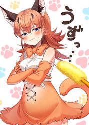  animal_ears bare_shoulders belt black_hair blue_eyes blush bow bowtie caracal_(kemono_friends) cat_day cat_teaser commentary_request cowboy_shot crossed_arms elbow_gloves extra_ears female gloves high-waist_skirt highres kamuraaa_615 kemono_friends orange_hair orange_tail shirt sidelocks skirt sleeveless solo sweatdrop tail traditional_bowtie translated white_shirt 