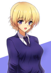  bad_id bad_twitter_id black_necktie blonde_hair blue_eyes blue_sweater braid commentary darjeeling_(girls_und_panzer) dress_shirt female girls_und_panzer highres long_sleeves looking_at_viewer nanjou_satoshi necktie no_emblem open_mouth school_uniform shirt short_hair simple_background smile solo st._gloriana&#039;s_school_uniform sweater tied_hair twin_braids upper_body v-neck white_background white_shirt wing_collar 