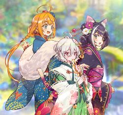  3girls :d amana_(pocketkey) animal_ear_fluff animal_ears antenna_hair bell black_flower black_hair black_kimono blue_flower blue_kimono blue_rose blurry blurry_background blush braid cat_ears cat_girl closed_mouth commentary_request day depth_of_field elf floral_print flower green_eyes green_hakama green_kimono grey_hair hair_between_eyes hair_bun hair_flower hair_ornament hakama hakama_skirt highres holding japanese_clothes jingle_bell karyl_(new_year)_(princess_connect!) karyl_(princess_connect!) kimono kokkoro_(new_year)_(princess_connect!) kokkoro_(princess_connect!) long_hair long_sleeves miko multicolored_hair multiple_girls obi open_mouth orange_hair outdoors pecorine_(new_year)_(princess_connect!) pecorine_(princess_connect!) pointy_ears princess_connect! print_kimono purple_flower red_eyes rose sash single_hair_bun skirt sleeves_past_wrists smile streaked_hair thick_eyebrows two-tone_kimono very_long_hair white_flower white_kimono wide_sleeves 