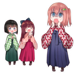  3girls @_@ black_bow black_hair blue_bow blue_eyes blue_hakama bob_cut boots bow brown_footwear brown_hair brown_kimono cherry_blossom_print chiune_(yachi) commentary_request cross-laced_footwear floral_print fujikawa_tsumugu green_hakama hachisuka_hatsuno hair_between_eyes hair_ornament hairbow hairclip hakama hakama_skirt hands_up japanese_clothes kimono lace-up_boots long_hair long_sleeves madenokouji_asahi multiple_girls one_side_up own_hands_clasped own_hands_together pink_hakama print_kimono short_hair simple_background skirt standing sweat tsumugu_otome_to_taishou_no_tsuki very_long_hair white_background wide_sleeves 