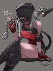  arm_support black_hat breasts clothes_writing collarbone commentary crossed_legs cuffs dated demon_girl demon_tail female fingerless_gloves gloves grey_background handcuffs hat helltaker highres justice_(helltaker) large_breasts long_hair looking_at_viewer noah_(tettsui-sole) red_gloves simple_background smile solo sunglasses tail thighs twintails white_hair 