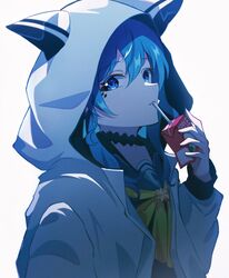  animal_hood apple_juice black_choker blue_eyes blue_hair box choker drinking drinking_straw drinking_straw_in_mouth female hair_between_eyes highres holding holding_box hololive hood hood_up hooded_jacket hoshimachi_suisei hoshimachi_suisei_(school_uniform) jacket juice juice_box long_hair long_sleeves looking_at_viewer official_alternate_costume official_alternate_hair_length official_alternate_hairstyle open_clothes open_jacket parted_lips pension_z sideways_glance simple_background solo star_(symbol) star_in_eye symbol_in_eye upper_body virtual_youtuber white_background white_jacket 