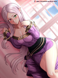  absurdres artist_name dress female fire_emblem fire_emblem:_the_binding_blade green_eyes heterochromia highres idunn_(fire_emblem) long_hair long_sleeves lying on_side parted_lips patreon_logo patreon_username photoshop_(medium) pointy_ears purple_hair red_eyes solo vilde_loh_hocen watermark web_address window 