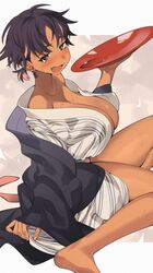  bare_legs bare_shoulders barefoot black_hair black_kimono blush bon_(vtuber) breasts cleavage collarbone commission cup dangle_earrings dark-skinned_female dark_skin drunk earrings female fish_bone_earrings grey_eyes haori highres holding holding_cup huge_breasts indie_virtual_youtuber japanese_clothes jewelry kimono layered_clothes looking_at_viewer multicolored_hair oerba_yun_fang off_shoulder open_mouth pink_hair sagami_jon sakazuki short_hair sitting skeb_commission skin_fang smile soles solo streaked_hair striped_clothes striped_kimono stud_earrings sweat thighs vertical-striped_clothes vertical-striped_kimono virtual_youtuber 