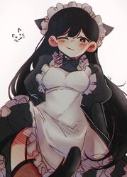  absurdres animal_ears apron blush cat_ears cat_girl closed_mouth female highres kokomi_(aniesuakkaman) long_hair looking_at_viewer maid maid_apron maid_headdress mari_(faraway)_(omori) mari_(omori) omocat_(style) omori one_eye_closed simple_background smug solo thighs white_background 