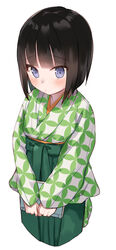  black_hair blue_eyes blunt_bangs blush bob_cut bow chiune_(yachi) closed_mouth commentary_request cropped_legs female green_bow green_hakama hachisuka_hatsuno hakama hakama_skirt highres holding japanese_clothes long_sleeves short_hair simple_background skirt sleeves_past_wrists solo tsumugu_otome_to_taishou_no_tsuki white_background wide_sleeves 