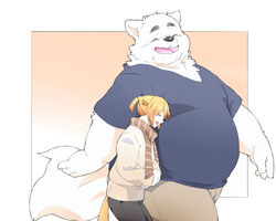  2022 5:4 anthro belly big_belly bottomwear canid canine canis closed_eyes clothing domestic_dog duo hi_res inunoshippo kemono laugh male mammal overweight overweight_male pants scarf shirt size_difference topwear 