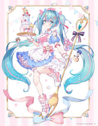  2boys 4girls :q absurdres ahoge angel_wings ankle_strap apron aqua_eyes aqua_hair asymmetrical_sleeves bandaid bandaid_on_leg beret bloomers blue_bow bow braid cake chibi clothing_cutout collared_dress commentary_request cookie detached_wings doughnut dress food fork frilled_apron frilled_cuffs frilled_shirt_collar frilled_sleeves frills fujiya gloves hair_ornament hairbow hat hatsune_miku highres holding holding_food holding_tray inline_skates kagamine_len kagamine_rin kaito_(vocaloid) leg_up lolita_fashion long_hair macaron megurine_luka meiko_(vocaloid) mismatched_sleeves multicolored_hair multiple_boys multiple_girls necktie official_art piapro pink_bow pink_footwear roller_skates sakura_shiori shoulder_cutout shoulder_tattoo skates solo_focus streaked_hair swiss_roll tattoo thigh_strap tie_clip tongue tongue_out tray twintails two-tone_bow underwear very_long_hair vocaloid waist_apron watermark white_apron white_gloves white_necktie white_wings wings wrist_cuffs yume_kawaii 