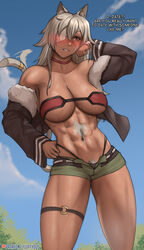  abs absurdres animal_ears bandeau bare_shoulders black_jacket blush breasts cat_ears cat_girl cat_tail choker english_text eyepatch female female_pubic_hair fluffydus fur-trimmed_jacket fur_trim ghislaine_dedoldia green_shorts grey_pubic_hair hand_on_own_face hand_on_own_hip highleg highleg_panties highres jacket large_breasts long_hair muscular muscular_female mushoku_tensei navel o-ring o-ring_thigh_strap one-eyed open_clothes open_jacket open_shorts outdoors panties parted_lips patreon_username pubic_hair red_bandeau red_choker scar scar_on_face scar_on_stomach shorts sky solo standing striped_clothes striped_panties tail tail_wagging thigh_strap thighs underwear white_hair 