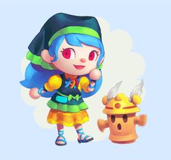  :d animal_crossing animated animated apron arlmuffin blue_background blue_hair commentary dress english_commentary female haniwa_(statue) haniyasushin_keiki hard_hat head_scarf helmet jewelry joutouguu_mayumi joutouguu_mayumi_(haniwa) long_hair looking_at_viewer magatama magatama_necklace necklace open_mouth parody puffy_short_sleeves puffy_sleeves red_eyes ribbon sandals short_sleeves simple_background smile standing style_parody touhou yellow_dress 