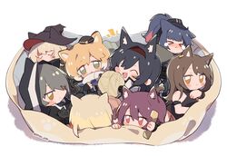  &gt;_&lt; 1boy 6+girls :&lt; ^_^ animal animal_ear_fluff animal_ears animal_hood arknights bag beret black_cat black_cloak black_hair black_headwear black_one-piece_swimsuit blaze_(arknights) blonde_hair blue_hair blush brown_hair cat_boy cat_day cat_ears cat_girl cat_hood cat_tail chibi christine_(arknights) cloak closed_eyes closed_mouth commentary_request ear_piercing extra_ears feline fish green_eyes grey_hair hair_over_one_eye hairband hat haze_(arknights) highres holding holding_animal holding_fish holding_phone hood infection_monitor_(arknights) jessica_(arknights) jitome kyou_039 large_tail long_hair looking_at_viewer melantha_(arknights) mini_hat mousse_(arknights) multicolored_hair multiple_girls nightmare_(arknights) oerba_yun_fang official_alternate_costume one-piece_swimsuit open_mouth orange_hair phantom_(arknights) phone piercing ponytail purple_hair red_hairband short_hair simple_background skyfire_(arknights) skyfire_(temperature_difference)_(arknights) sleeping swimsuit tail tears twitter_username two-tone_hair white_background witch_hat 