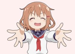  ^_^ blush brown_hair closed_eyes female hair_ornament hairclip ikazuchi_(kancolle) kantai_collection neckerchief oerba_yun_fang open_mouth outstretched_arms parody reaching reaching_towards_viewer school_uniform serafuku short_hair smile solo sugapi upper_body watashi_ni_tenshi_ga_maiorita! 