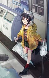  :d alternate_costume animal_ears bag black_footwear black_hair boots casual closed_umbrella coat commentary_request common_raccoon_(kemono_friends) drawstring extra_ears female full_body green_shorts grey_eyes grey_hair grocery_bag highres hood hood_down kemono_friends long_sleeves manhole_cover multicolored_hair nanana_(nanana_iz) oerba_yun_fang open_clothes open_coat outdoors plastic_bag puddle raccoon_ears raccoon_girl raccoon_tail raincoat red_socks rubber_boots shop shopping_bag short_hair short_shorts shorts skin_fang smile socks solo sweater tail trash_can umbrella white_hair yellow_raincoat 