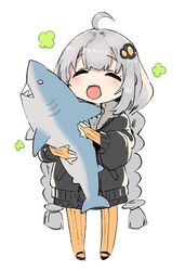  ahoge black_jacket braid chibi closed_eyes female fur_collar gloves grey_hair hair_ornament holding jacket kizuna_akari long_hair long_sleeves open_mouth orange_gloves orange_legwear pantyhose rkrk simple_background solo standing striped_clothes striped_gloves striped_pantyhose stuffed_animal stuffed_shark stuffed_toy twin_braids vertical-striped_clothes vertical-striped_gloves vertical-striped_pantyhose voiceroid white_background 