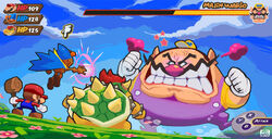  2023 angry anthro bowser clothing cloud day facial_hair gameplay_mechanics geno_(mario) gloves group gui hair handwear hat headgear headwear health_bar hi_res horn human koopa male mammal mario mario_bros moustache nintendo red_hair scalie shell size_difference sky spiked_shell spikes spikes_(anatomy) super_mario_rpg_legend_of_the_seven_stars teeth wario zeolandia 