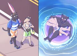  anteater anthro beach beastars blush clothed clothing duo felid hat headgear headwear hi_res kibi_(beastars) male male/male mammal melanistic muscular one_eye_closed pantherine pecs pilosan sea seaside street swimwear tamandua tao_(beastars) that1greenbro topless umbrella water xenarthran 