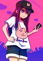  animal_print baseball_cap batchgooya black_hat city cloud commentary cowboy_shot denim denim_shorts empty_eyes expressionless female from_below hair_over_shoulder hand_on_own_hip hat hoshino_ai_(oshi_no_ko) long_hair looking_at_phone looking_down oshi_no_ko phone pink_background pink_sky power_lines purple_background purple_eyes purple_hair rabbit_print shaded_face short_sleeves shorts sky solo star-shaped_pupils star_(symbol) star_in_eye symbol-shaped_pupils symbol_in_eye 