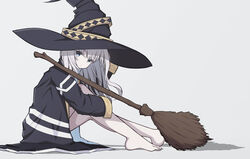  absurdres bad_id bad_pixiv_id barefoot black_coat blue_eyes broom closed_mouth coat female from_side full_body hat highres knees_up legs long_hair long_sleeves looking_at_viewer looking_to_the_side original pension_z sidelocks sitting soles solo thighs white_background white_hair witch_hat wrist_cuffs 