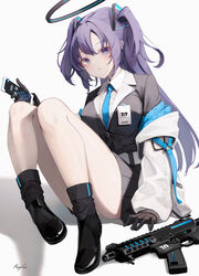  ass black_footwear black_gloves black_jacket black_skirt black_socks blue_archive blue_eyes blue_necktie breasts collared_shirt commentary_request female full_body gloves grey_background gun halo highres holding jacket long_hair long_sleeves looking_at_viewer mayogii mechanical_halo medium_breasts necktie off_shoulder open_clothes open_jacket panties parted_bangs parted_lips pleated_skirt puffy_long_sleeves puffy_sleeves purple_hair shadow shirt shoes sig_mpx sig_sauer signature simple_background skirt sleeves_past_wrists socks solo submachine_gun two_side_up underwear very_long_hair weapon white_jacket white_panties white_shirt yuuka_(blue_archive) 