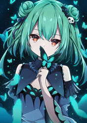  absurdres animal_print bad_id bad_pixiv_id bare_shoulders blue_butterfly blue_dress blurry blurry_foreground bow bug butterfly butterfly_print covered_mouth detached_sleeves double_bun dress female frills green_hair hair_bun hair_ornament hairbow hand_up highres hololive long_sleeves looking_at_viewer medium_hair multicolored_eyes pension_z purple_dress sidelocks skull_hair_ornament solo standing upper_body uruha_rushia uruha_rushia_(1st_costume) virtual_youtuber wide_sleeves 