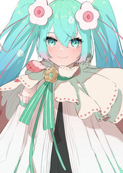  aqua_hair azusa_(azunyan12) blue_hair closed_mouth commentary dress eyebrows_hidden_by_hair female flower gradient_hair green_eyes hair_between_eyes hair_flower hair_ornament hair_ribbon hatsune_miku highres looking_at_viewer magical_mirai_(vocaloid) magical_mirai_miku magical_mirai_miku_(2021) multicolored_hair red_ribbon ribbon simple_background smile solo twintails upper_body vocaloid white_background white_dress white_flower 