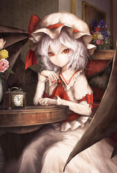  ascot bad_id bad_pixiv_id bat_wings black_wings blue_flower bow brooch clock closed_mouth commentary dress elbow_on_table elbow_rest eyes_visible_through_hair female fingernails flower frilled_shirt_collar frills gem hand_on_table hand_up hat hat_ribbon highres indoors iris_(flower) jewelry light_smile lily_of_the_valley long_fingernails long_sleeves looking_at_viewer mob_cap moose_(moosu193) nail_polish pale_skin photoshop_(medium) pink_dress pink_flower purple_flower red_ascot red_bow red_brooch red_eyes red_flower red_gemstone red_nails red_ribbon remilia_scarlet ribbon ribbon-trimmed_sleeves ribbon_trim roman_numeral round_table sash sharp_fingernails short_hair sitting sleeve_garter slit_pupils spread_wings table touhou tulip vase wallpaper_(object) wavy_hair white_flower white_hair wing_collar wings yellow_flower 