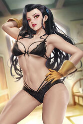  arm_up asami_sato avatar_legends black_bra black_hair black_panties bra breasts commentary english_commentary female gloves hand_on_own_hip indoors long_hair looking_at_viewer medium_breasts neoartcore paid_reward_available panties red_lips solo standing the_legend_of_korra thighs underwear underwear_only yellow_eyes yellow_gloves 