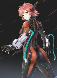  angry artist_name blue_eyes bodysuit breasts cable claws clenched_teeth ear_ornament english_commentary female from_behind highres humanization looking_at_viewer looking_back medium_breasts pink_hair short_hair sideboob signature simple_background skin_tight solo teeth valkyr_(warframe) warframe zxpfer 