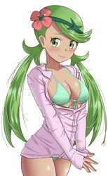  absurdres bikini blush breasts closed_mouth collarbone commentary_request cowboy_shot eyelashes female flower green_bikini green_eyes green_hair hair_flower hair_ornament headband highres jacket long_hair looking_at_viewer maho_(corotonton5150) mallow_(pokemon) own_hands_together partial_commentary partially_unzipped pink_flower pink_jacket pokemon pokemon_sm raised_eyebrows simple_background smile solo steepled_fingers swept_bangs swimsuit swimsuit_under_clothes twintails white_background 