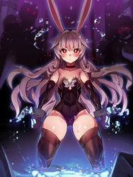  2others animal_ears bare_shoulders black_gloves black_legwear black_leotard breasts broken broken_chain chains choker clenched_hands cuffs ddg160 elbow_gloves elin female gloves glowing glowing_eyes grey_hair groin hair_intakes highres korean_commentary legs_apart leotard long_hair multiple_others rabbit_ears red_eyes skindentation small_breasts strapless strapless_leotard tera_online thick_thighs thighhighs thighs wading water wet 